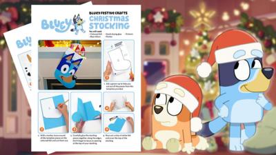 Bluey and Bingo feeling very festive and excited about creating a Christmas stocking.