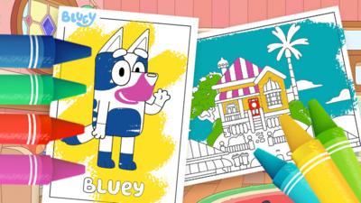 Bluey branded colouring in sheets which are half coloured in and surrounded by coloured crayons.