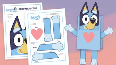Two prinatable sheets with Bluey to cut out with instructions. A card with Bluey on it is premade to show what you can create from the print outs.