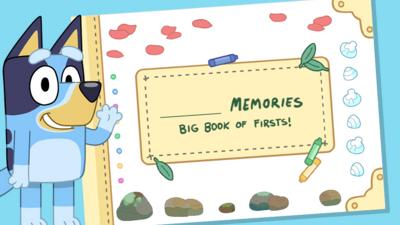 Bluey is waving next to a memory book.
