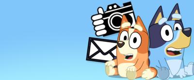 Bluey and Bingo are sitting, two illustrations of dogs. There is a envelope and camera icon next to them.