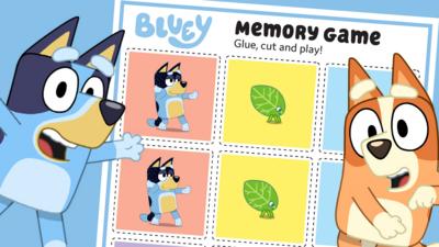 A collection of Bluey images in squares, there are characters including Bluey, a blue cartoon dog cuddling a small toy, Bingo, an orange dog doing a silly dance, and a small monkey shaped backpack.