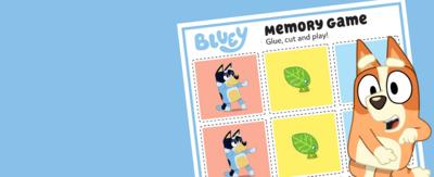 A collection of Bluey images in squares, there are characters including Bluey, a blue cartoon dog cuddling a small toy, Bingo, an orange dog doing a silly dance, and a small monkey shaped backpack.