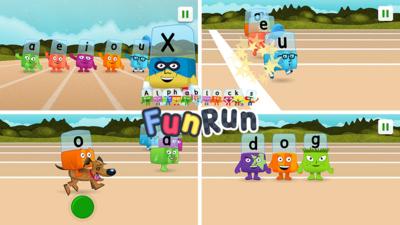 Images from the Alphablocks Fun Run game in the Go Explore app.