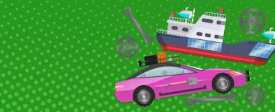 Illustration showing a car, a boat and some tools.