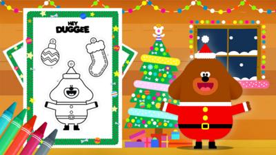 Hey Duggee in his Christmas spirit and the room full of festive decorations and colour in tree.