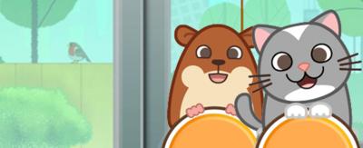 Cartoon hamster and kitten from CBeebies My Pet and Me Game.