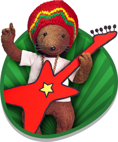 Rastamouse holding his guitar.