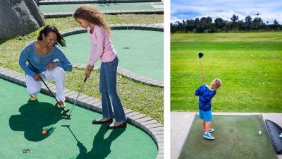 Kids playing mini golf and at a driving range.
