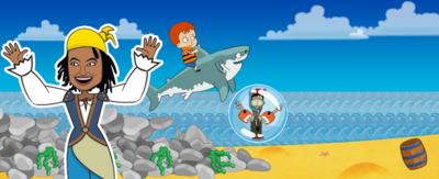 My Swashbuckle Adventure game, animated Gem on a beach with an animated young boy wearing a life jacket is riding a shark which is jumping out of the sea.