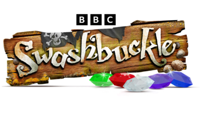 Swashbuckle is written on a wooden plank, there are coloured jewels next to it and a skull flag.