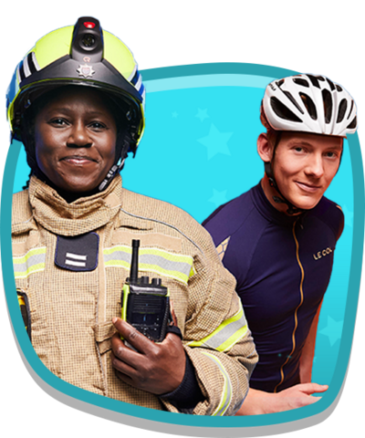 A firefights and a cyclist is smiling, within a square shape.