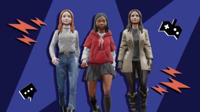 Avatars of three girls with power shapes, video games and chat emojis 