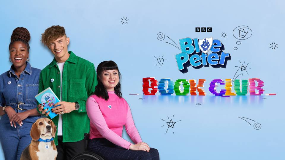 The Blue Peter presenters and Henry alongside the Blue Peter Book Club logo on a blue background.