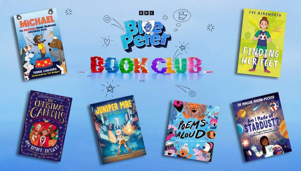 Six books sit on a blue gradient background surrounding the Blue Peter Book Club logo.