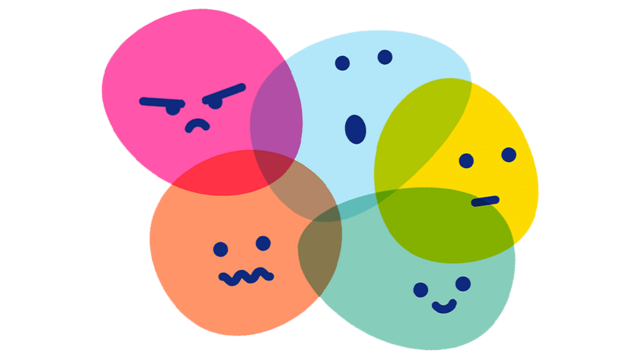Colourful faces with many different expressions from angry, sad or happy