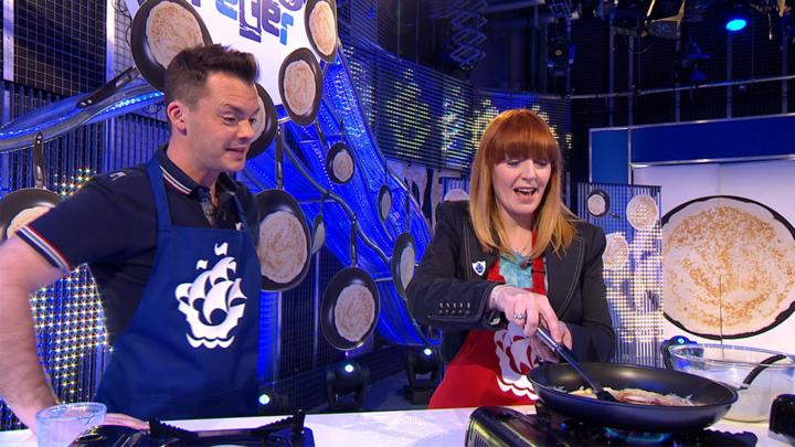 Former presenter Yvette Fielding re-attempts a pancake 