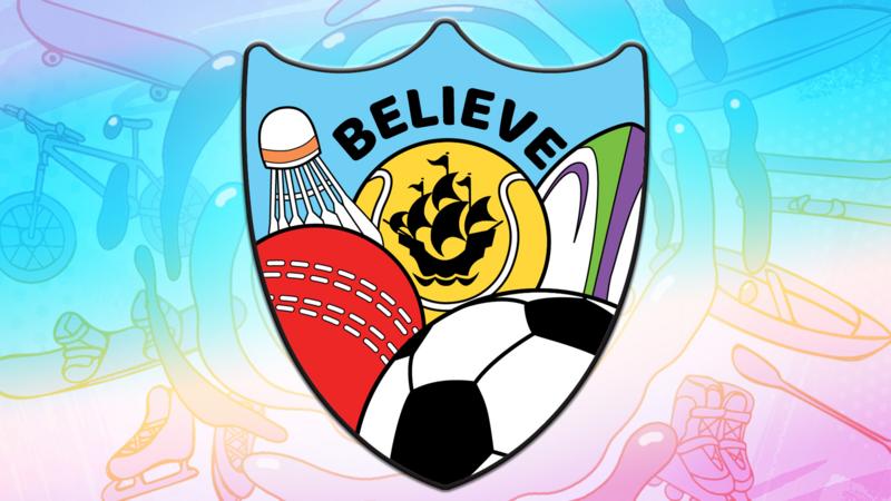 A Blue Peter sport badge designed by footballer Leah Williamson, there are different balls from various sports and it is very colourful.