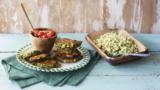 Cauliflower couscous with kale and feta fritters and tomato chutney