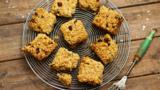 Golden flapjacks with mango, sour cherries and coconut