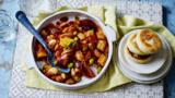 Mediterranean bean stew with potato griddle cakes