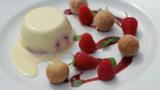 Raspberry panna cotta with doughnuts