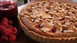 Raspberry, peach and almond tart