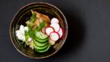 Smoked mackerel, radish, cucumber, dill and bulgur wheat grain bowl