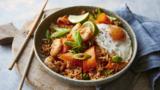 Spicy prawn rice with fried egg 