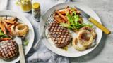 Steak, sweet potato fries and baked onion rings