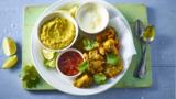 Vegetable pakoras and coconut dal