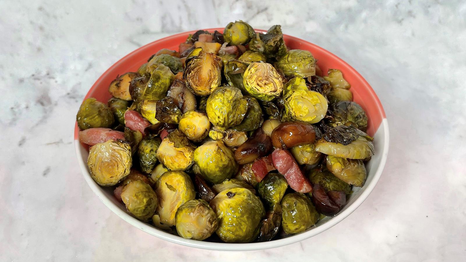 Air fryer sprouts with chestnut and bacon