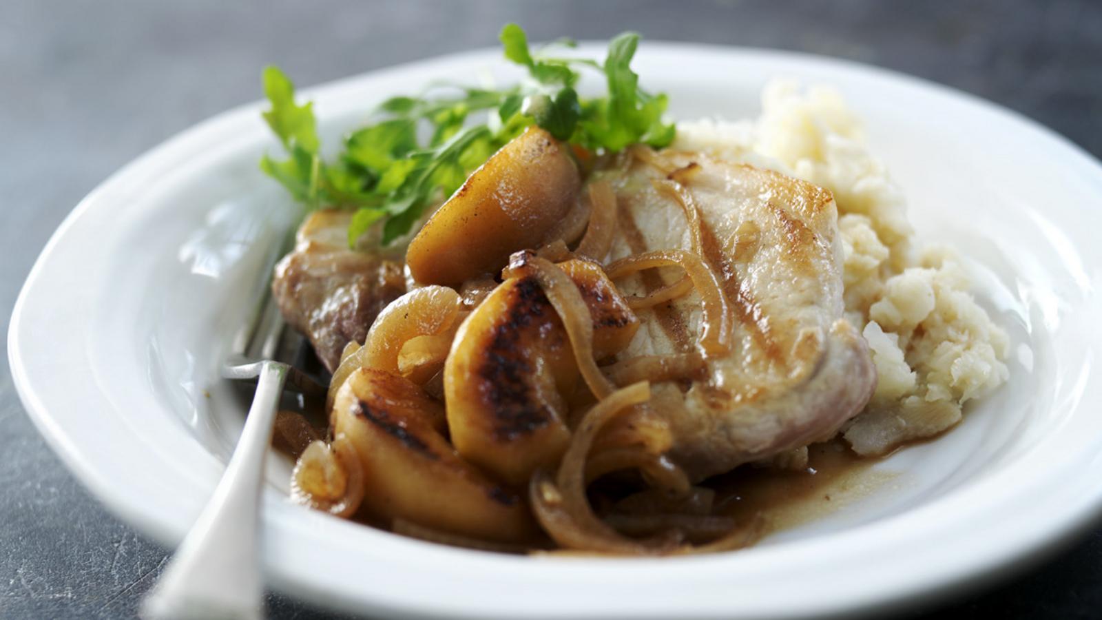 Pork chops with celeriac mash and apple and ale gravy