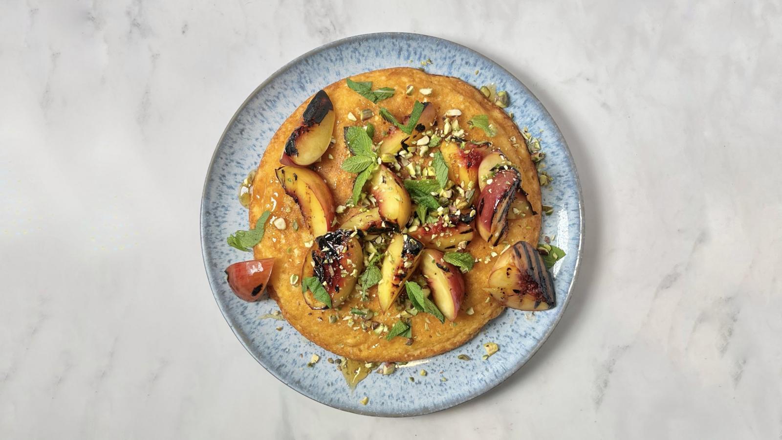 Anari, nectarine and pistachio pancake