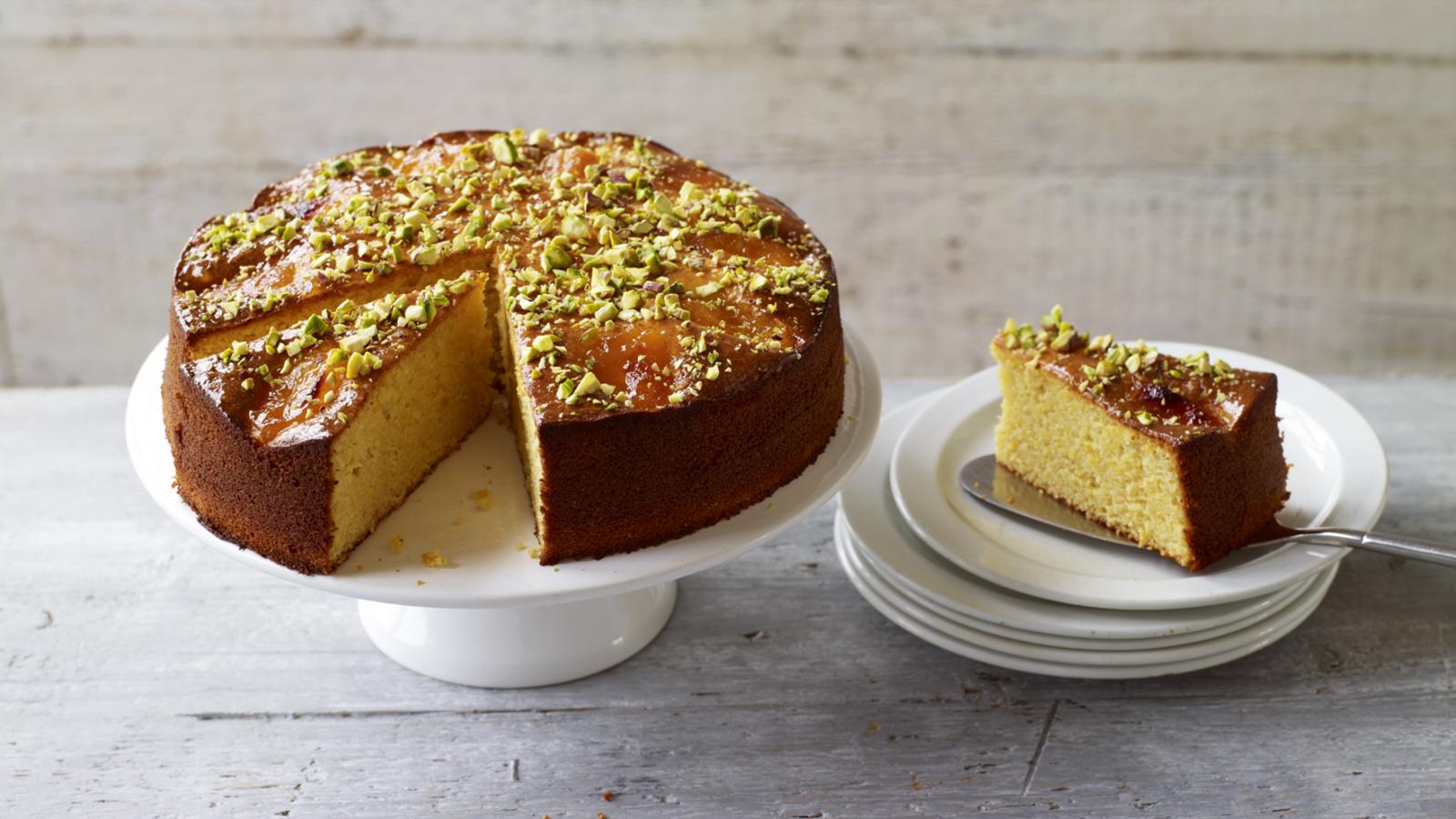 Apricot almond cake with rosewater and cardamom