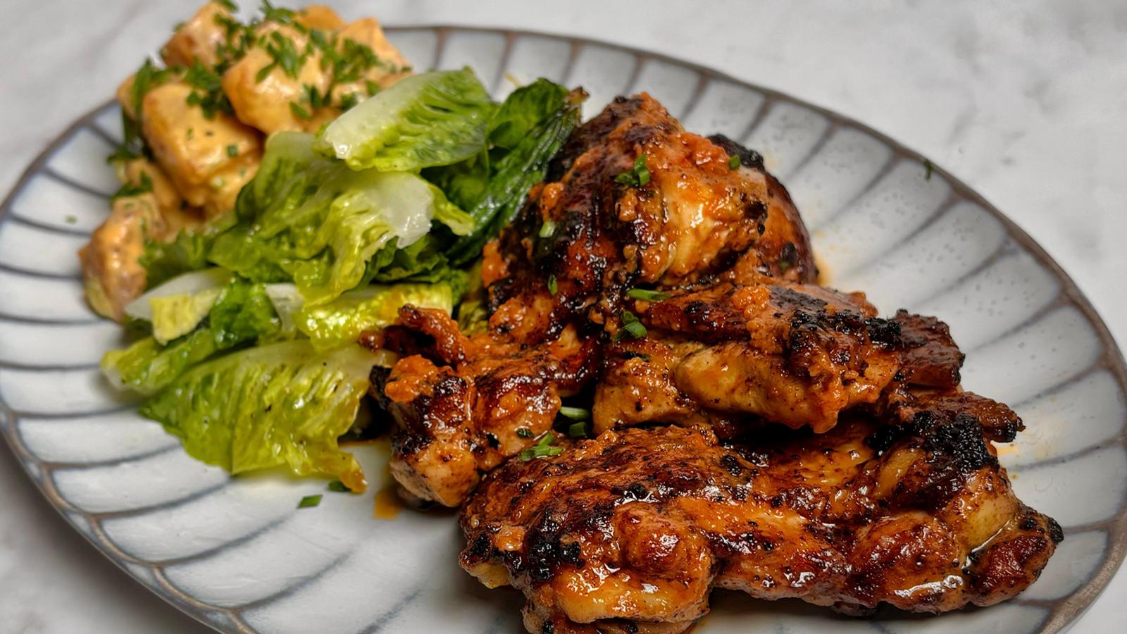 Apricot and rum butter barbecue chicken with deep-fried potato salad