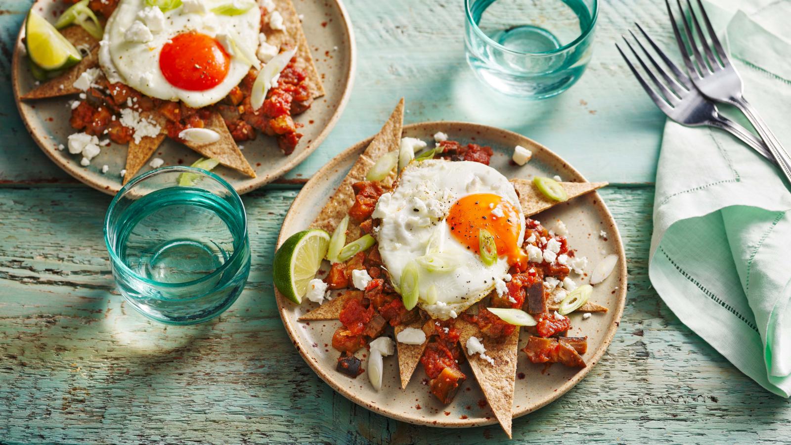 Aubergine and feta chilaquiles