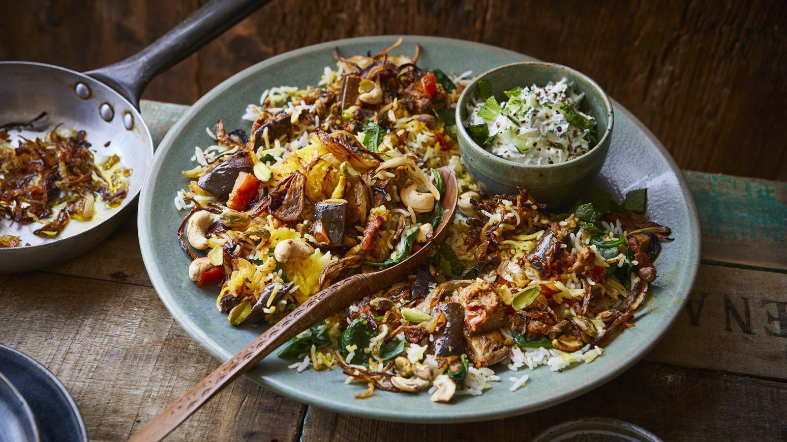 Aubergine biryani with cucumber and mint raita