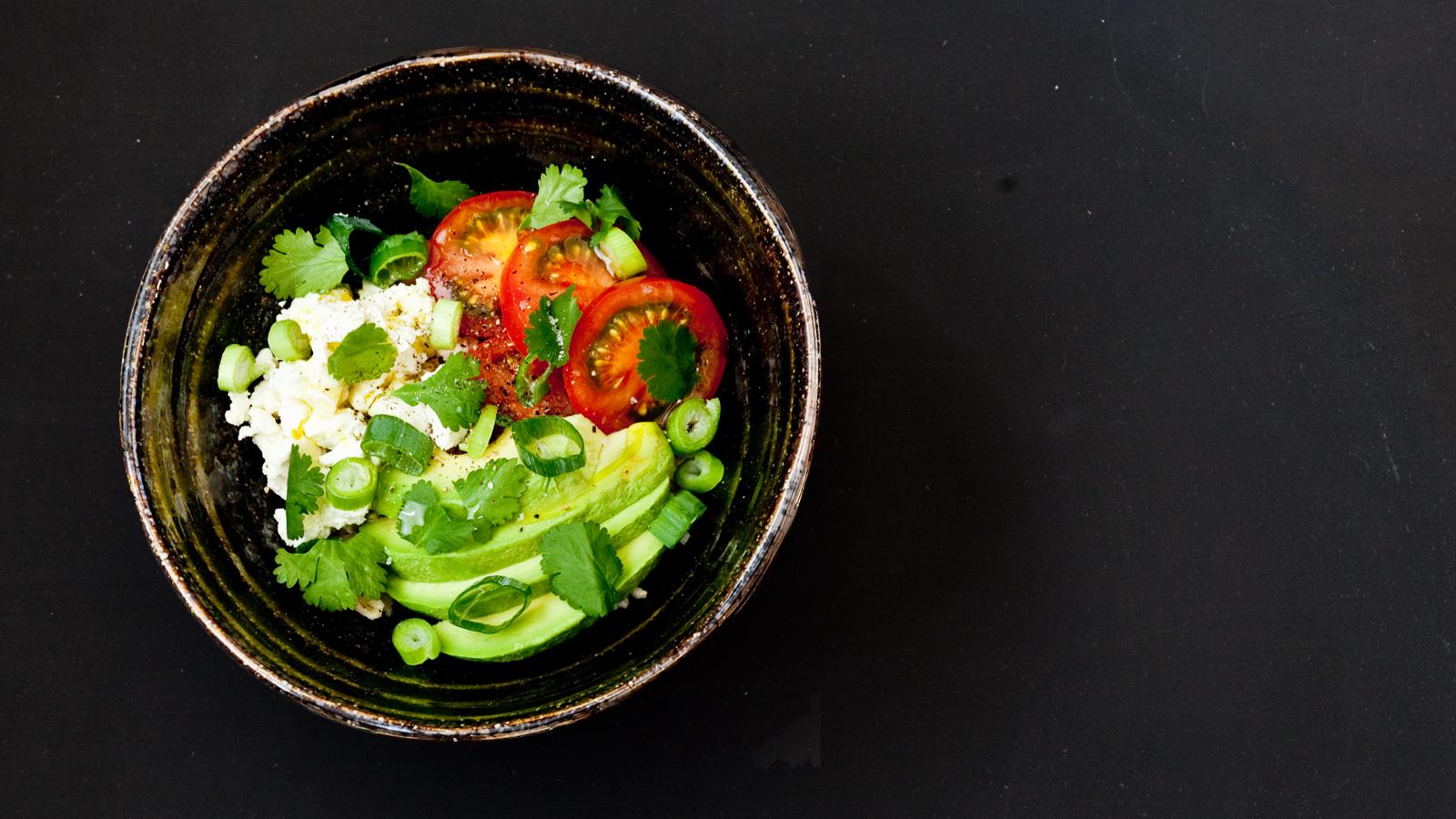 Avocado, tomato, feta and brown rice grain bowl