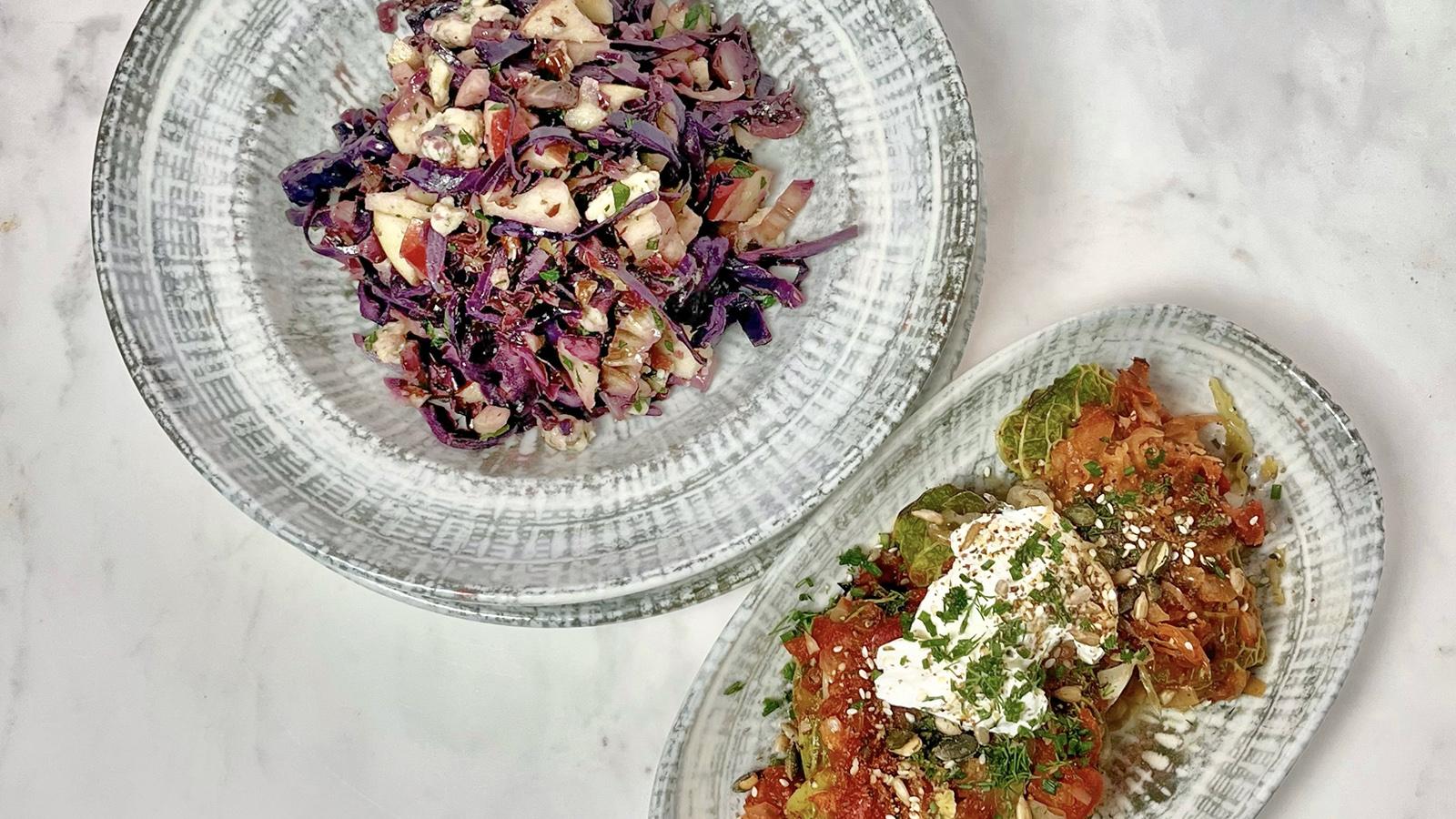 Baked cabbage rolls with braised red cabbage