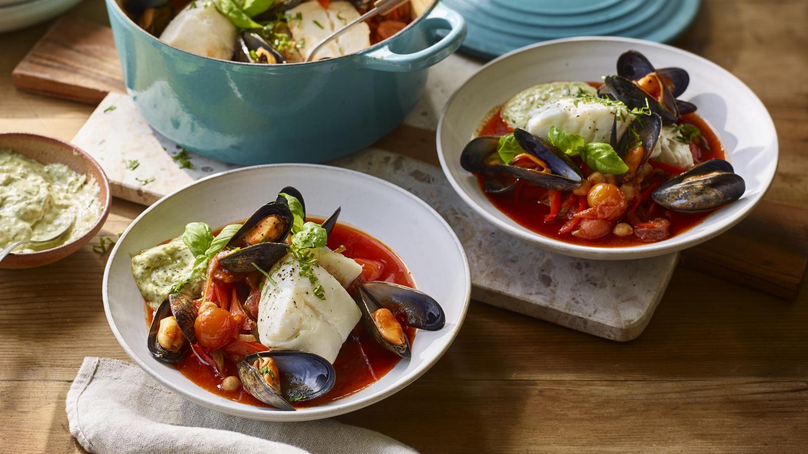 Baked Cornish cod piperade, Cornish mussels and basil mayonnaise