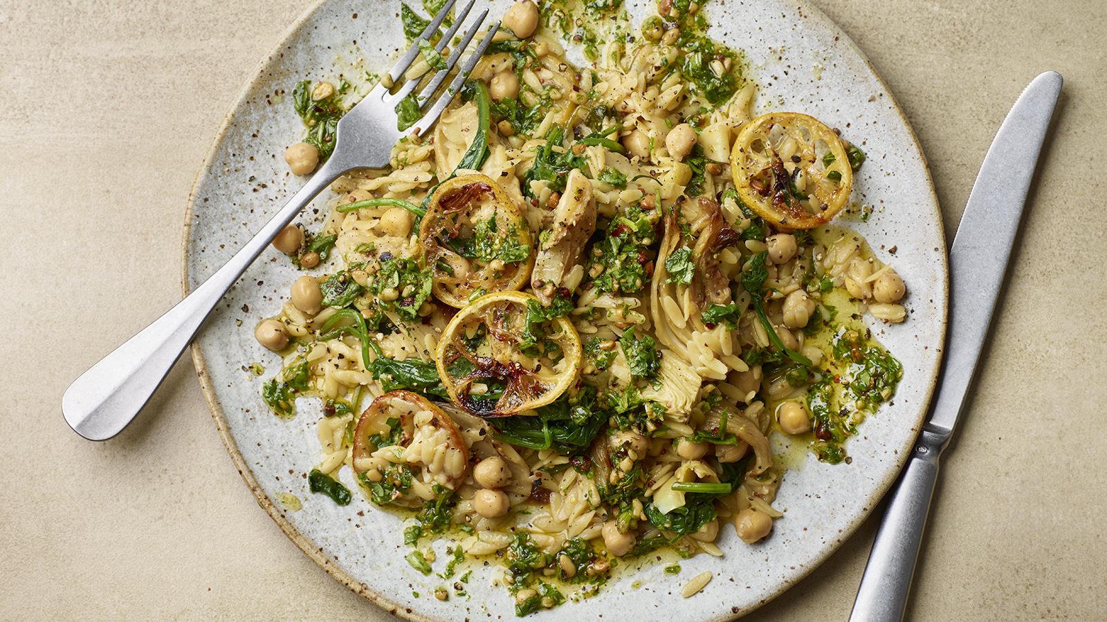 Baked lemony fennel orzo with rocket pesto