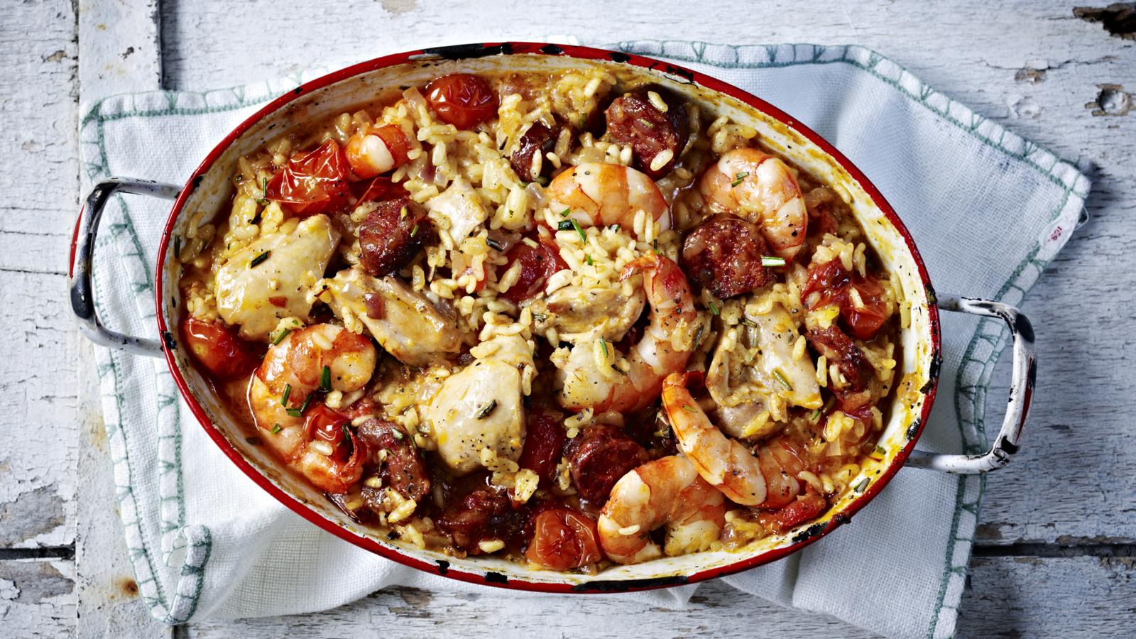 Baked chicken, prawn and chorizo rice