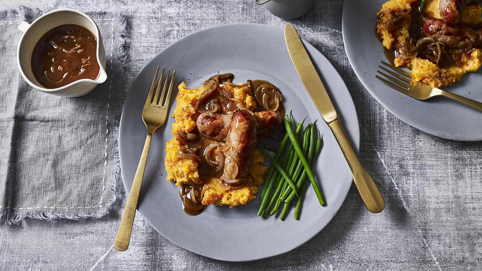 Bangers and sweet potato mash