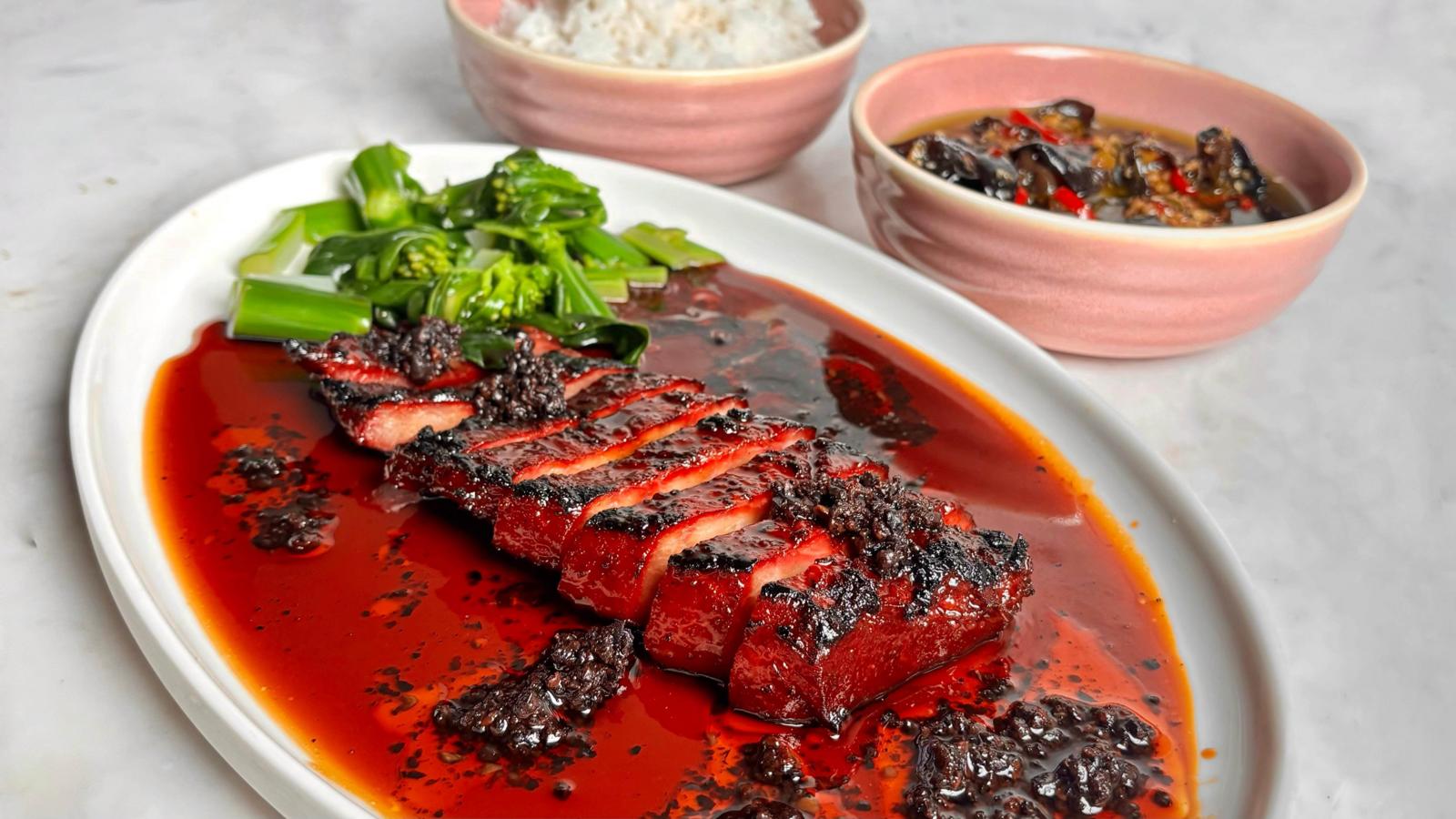 Barbecue char siu roast pork with gai lan