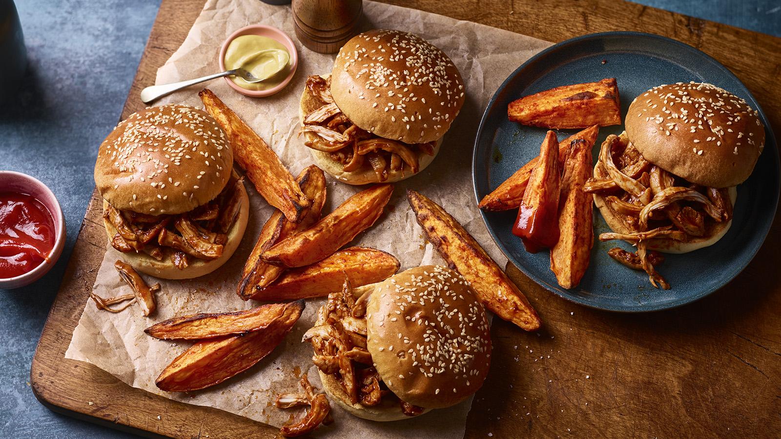 Barbecue pulled chicken with sweet potato wedges