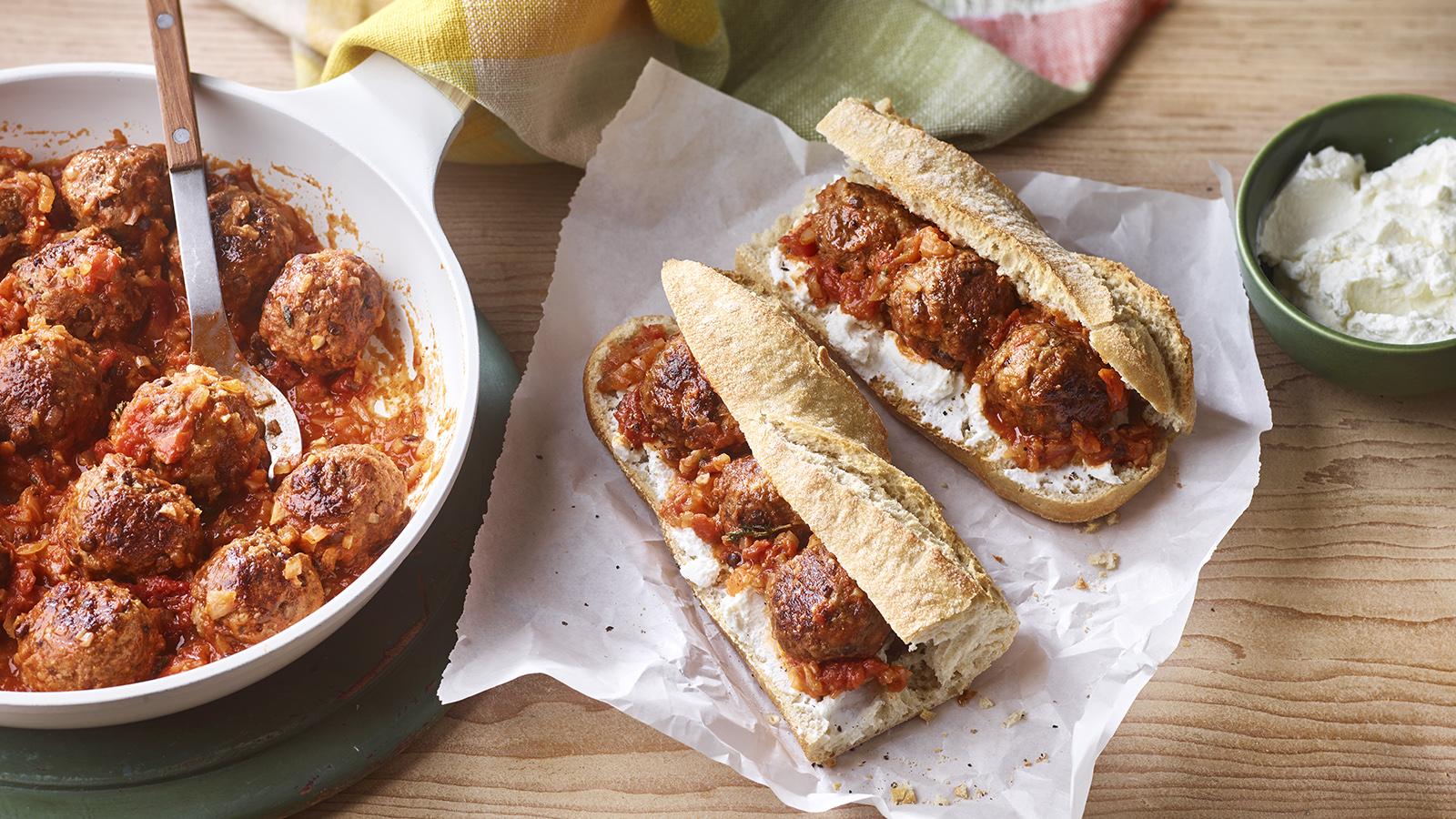 Beef and lentil meatball subs with tomato sauce and ricotta