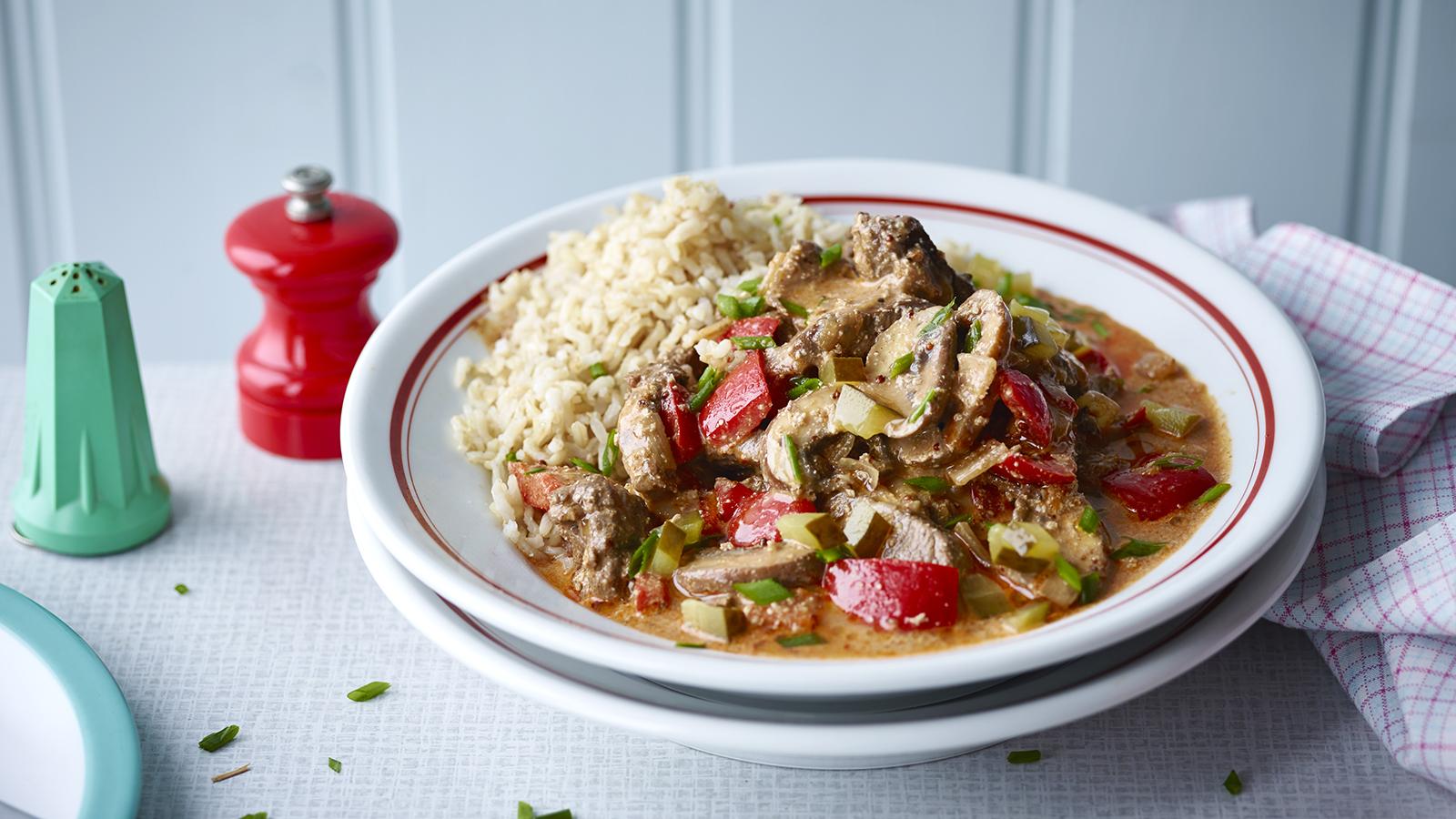 Healthy beef and mushroom stroganoff