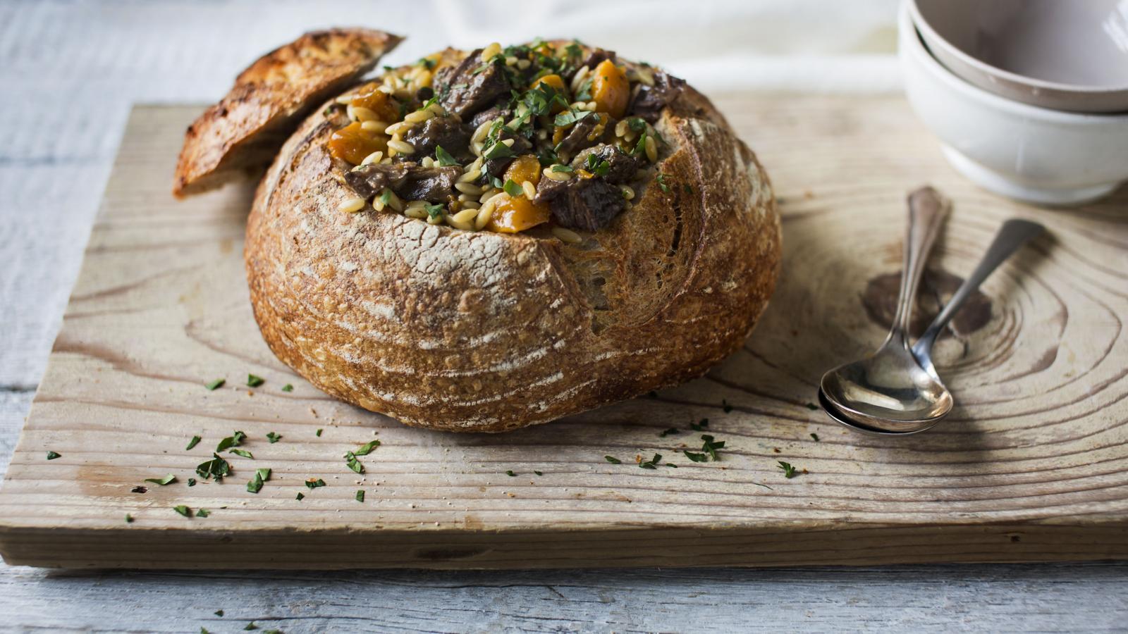 Beef cheek and butternut broth in sourdough 