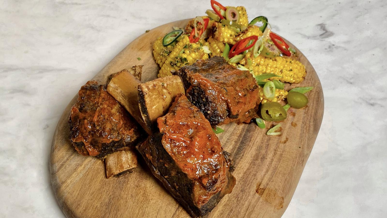 Four-hour beef ribs, barbecue glaze and corn ribs